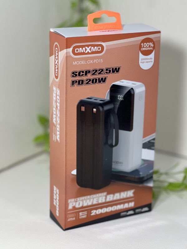 پاوربانک ۲۰۰۰۰ میلی‌آمپر ساعتی OMXMO مدل OX-PD15 با شارژ سریع PD 20W و SCP 22.5W + نمایشگر LCD – اورجینال