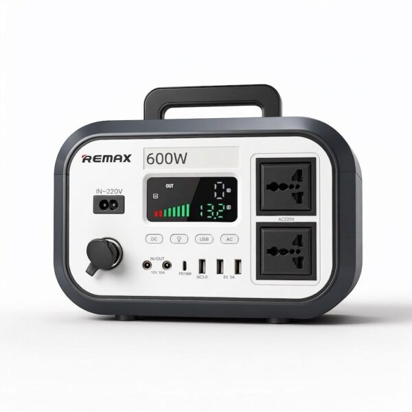 پاور استیشن Remax 600W خروجی سینوسی خالص – مناسب برای خانه، کمپینگ و کوهنوردی با قابلیت شارژ از برق و خودرو